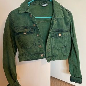 Cropped green wash jean jacket